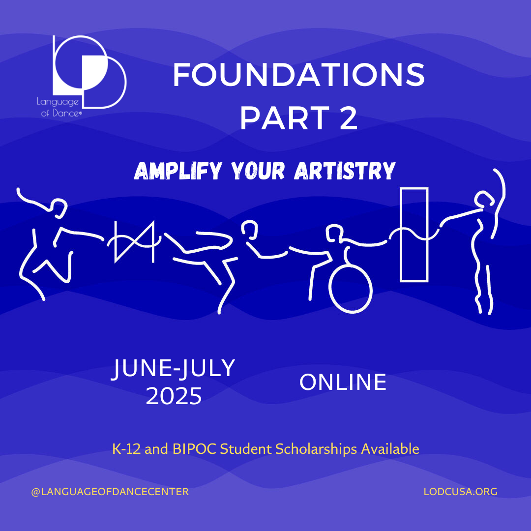 Foundations 2025 outline of 4 dancers reaching toward each other with symbols
