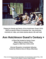 Jacob's Pillow's memorial event with photo of AHG teaching at the Pillow and text of event details